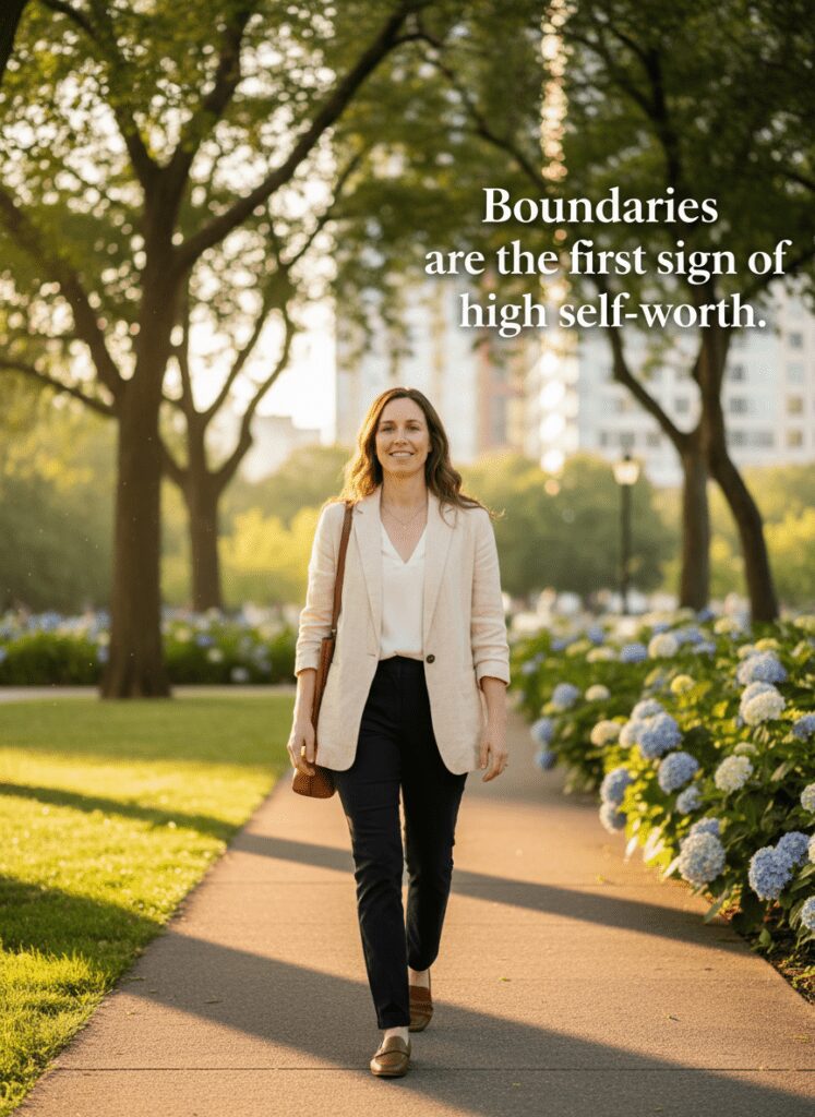 A woman walking with confidence as one of the signs of high self-worth