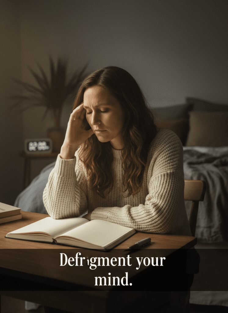A woman using journaling for beginners to relieve mental stress at night.