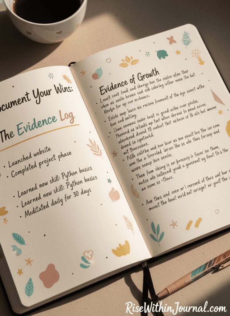 A journal spread designed to replace fake it 'til you make it with real evidence.