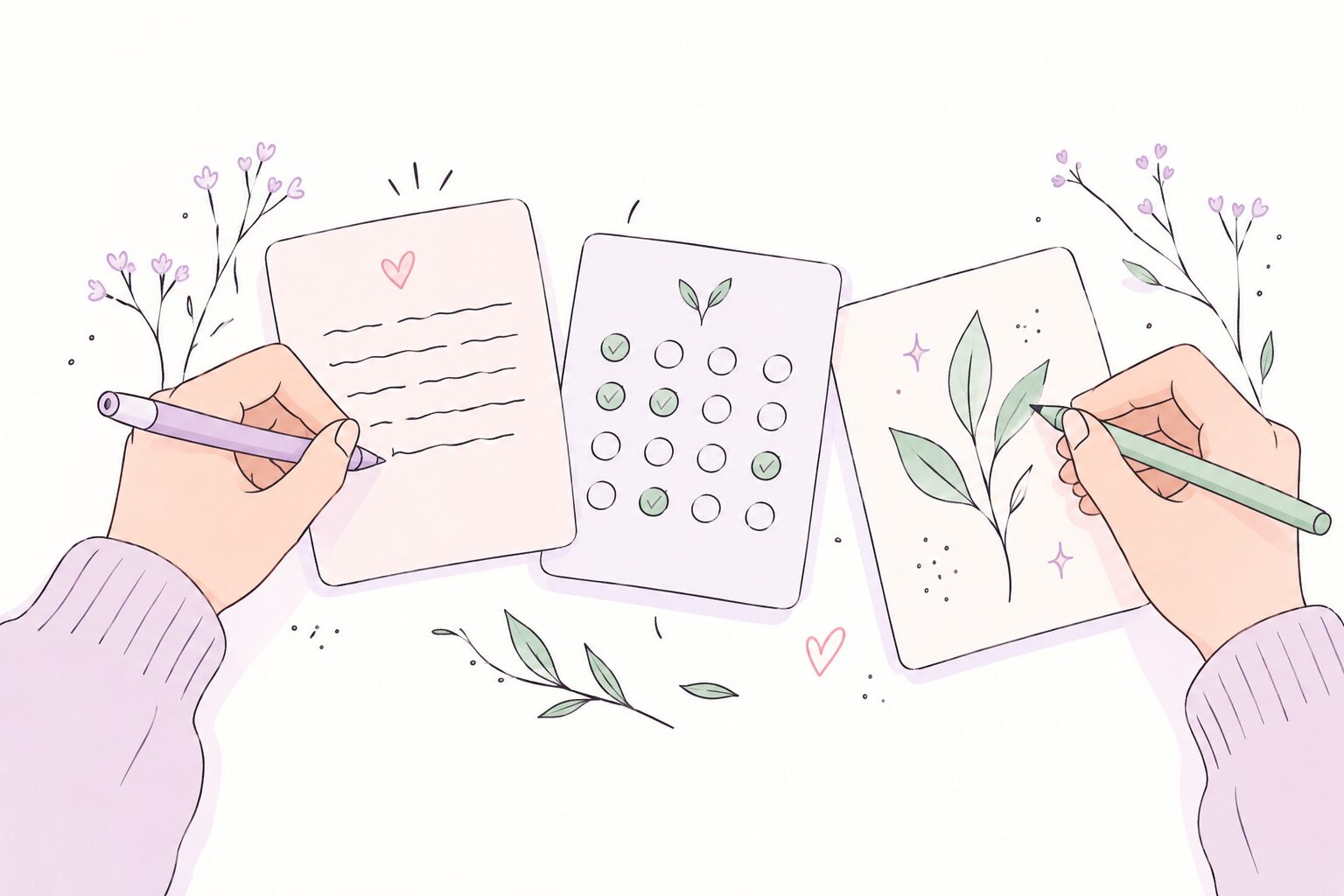 Doodle of three optional journaling formats: a brief paragraph, a tracker, and a sketch.