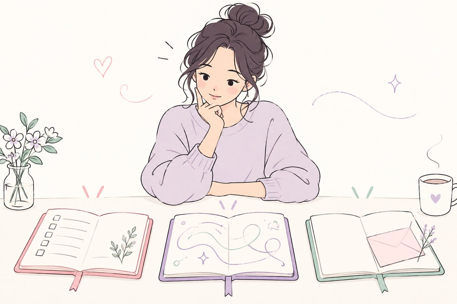 Doodle of an adult choosing among a checklist journal, a reflective journal, and a letter.