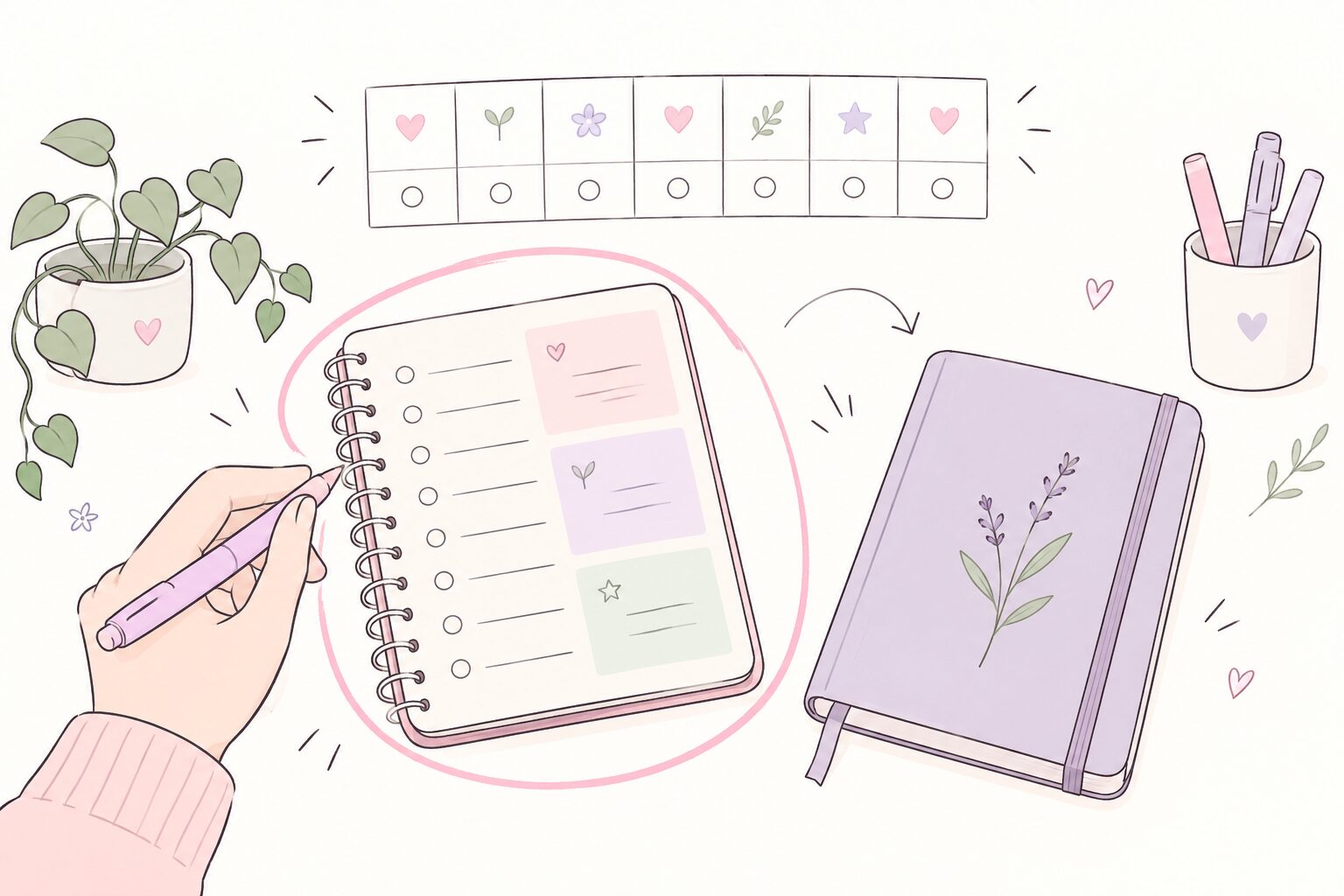 Doodle of a seven-day review used to choose a journaling format that is useful.