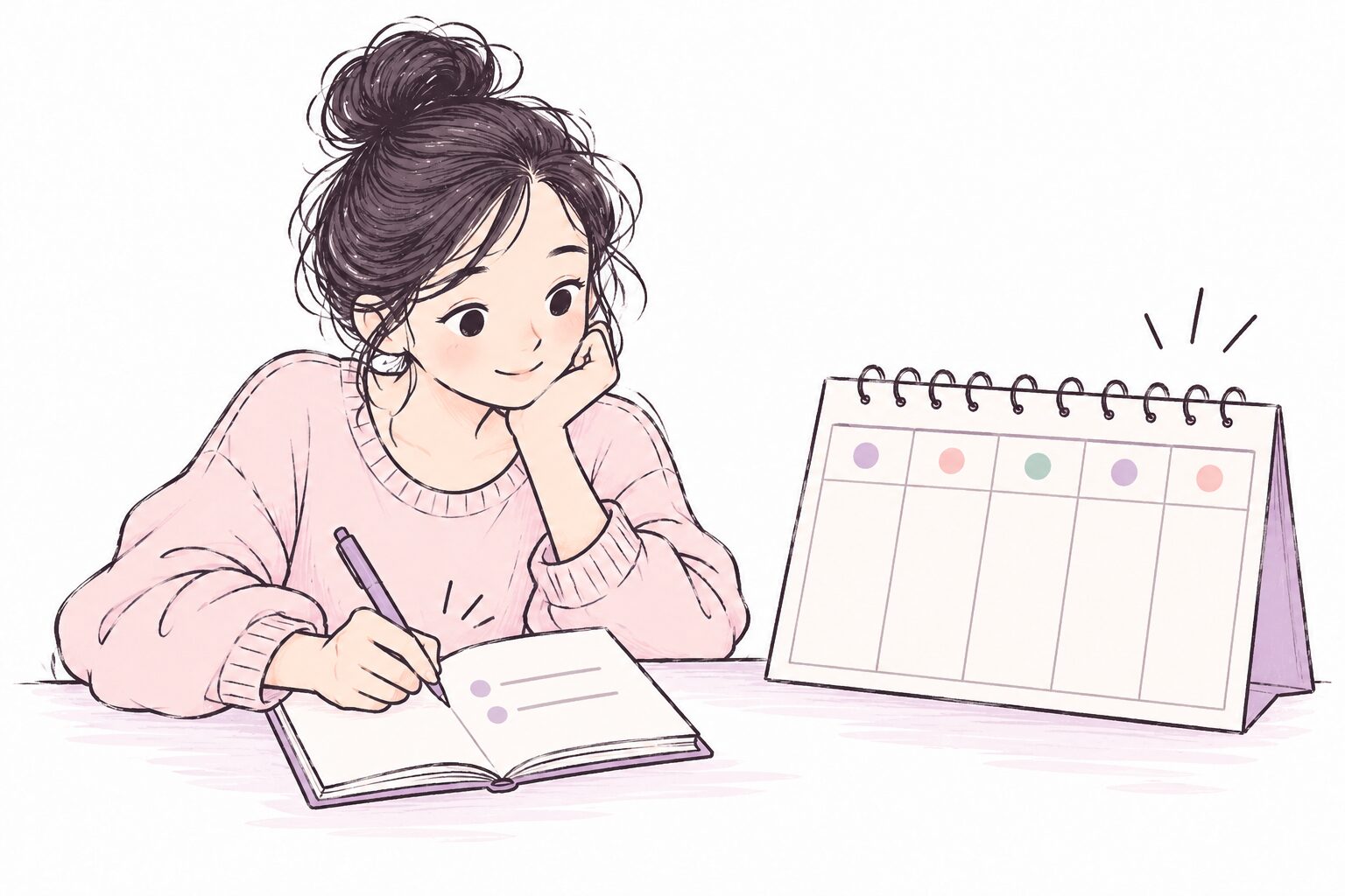 A beginner writes two short lines beside a five-day calendar with spacious blank cells.