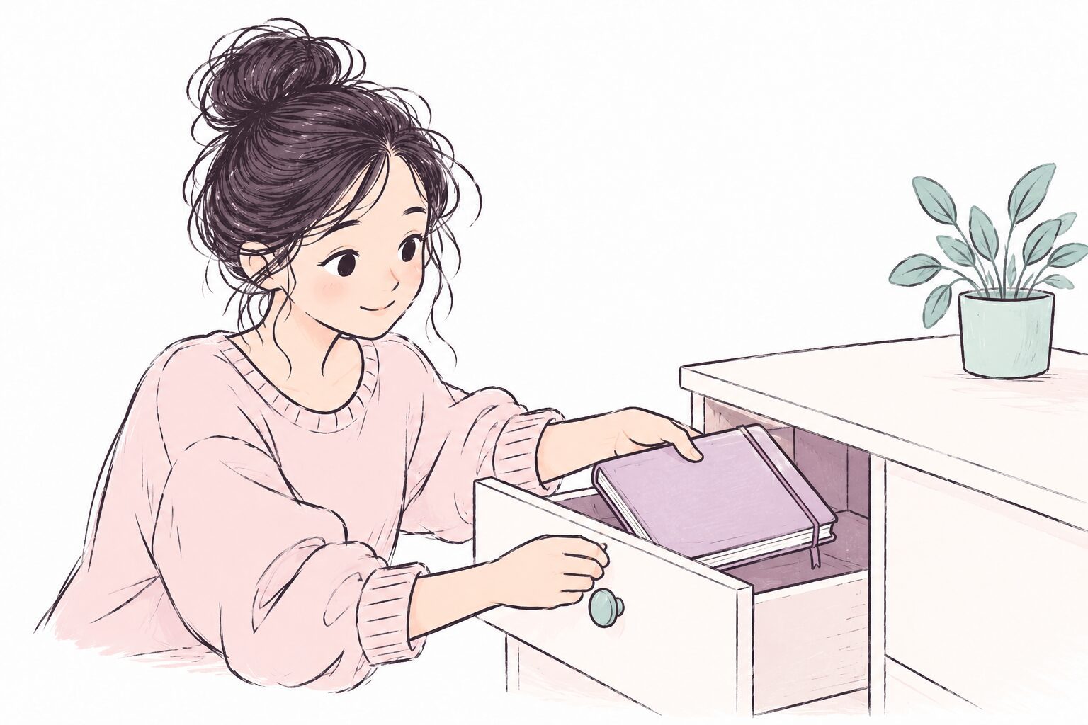 A person closes their personal journal and places it in a private drawer.
