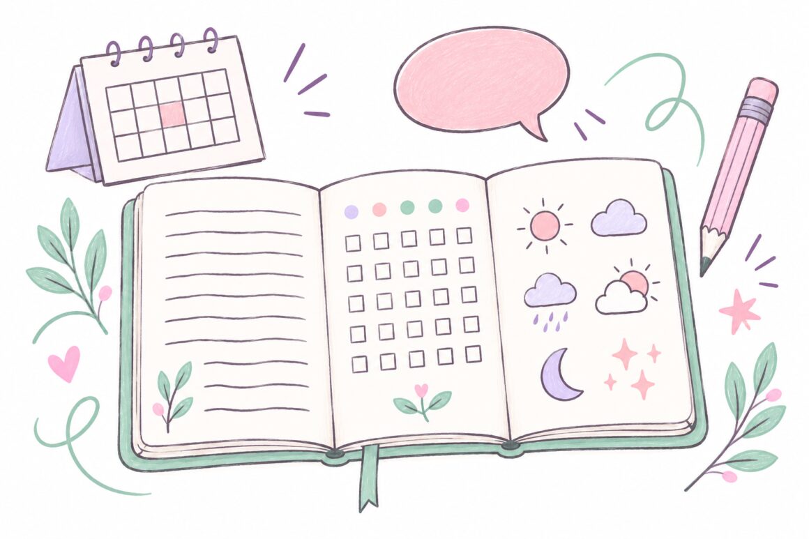Pastel doodle of a journal, tracker, sketch page, and thought bubble representing different journaling formats.