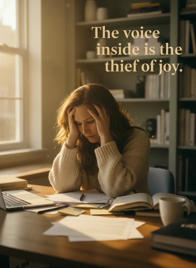 A woman feeling overwhelmed by the need to silence your inner critic.