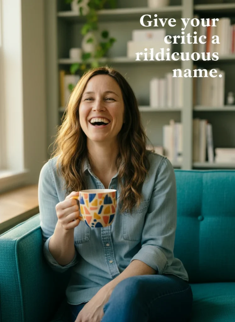 A woman laughing to silence your inner critic through personification.