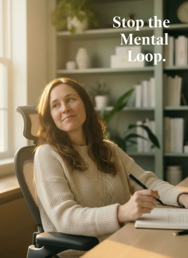 A woman using the Brain Dump Method to stop mental loops.