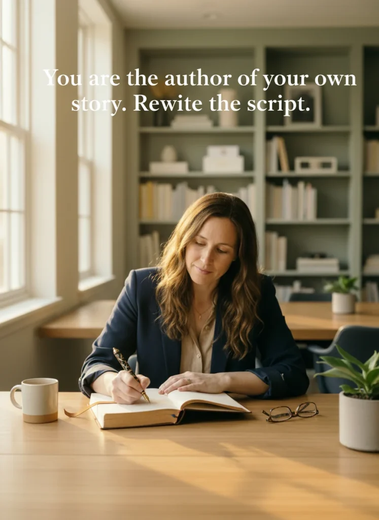 Character rewriting her story through deep self-discovery questions.