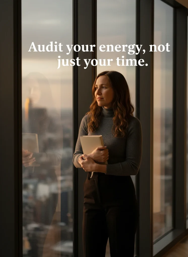 The character in the reference image reflecting on her energy givers during annual reflection journaling.