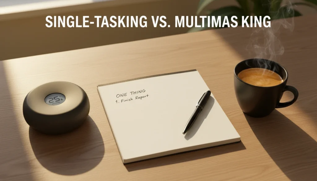 A minimalist desk setup illustrating the concept of single-tasking vs multitasking with an analog timer and journal.