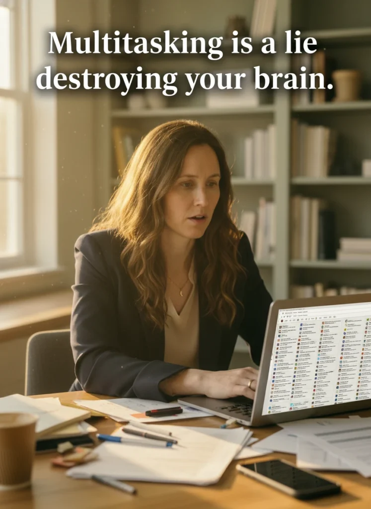 a-woman-feeling-overwhelmed-by-single-tasking-vs-m-x5edne.webp A woman feeling overwhelmed by single-tasking vs multitasking at a cluttered desk.