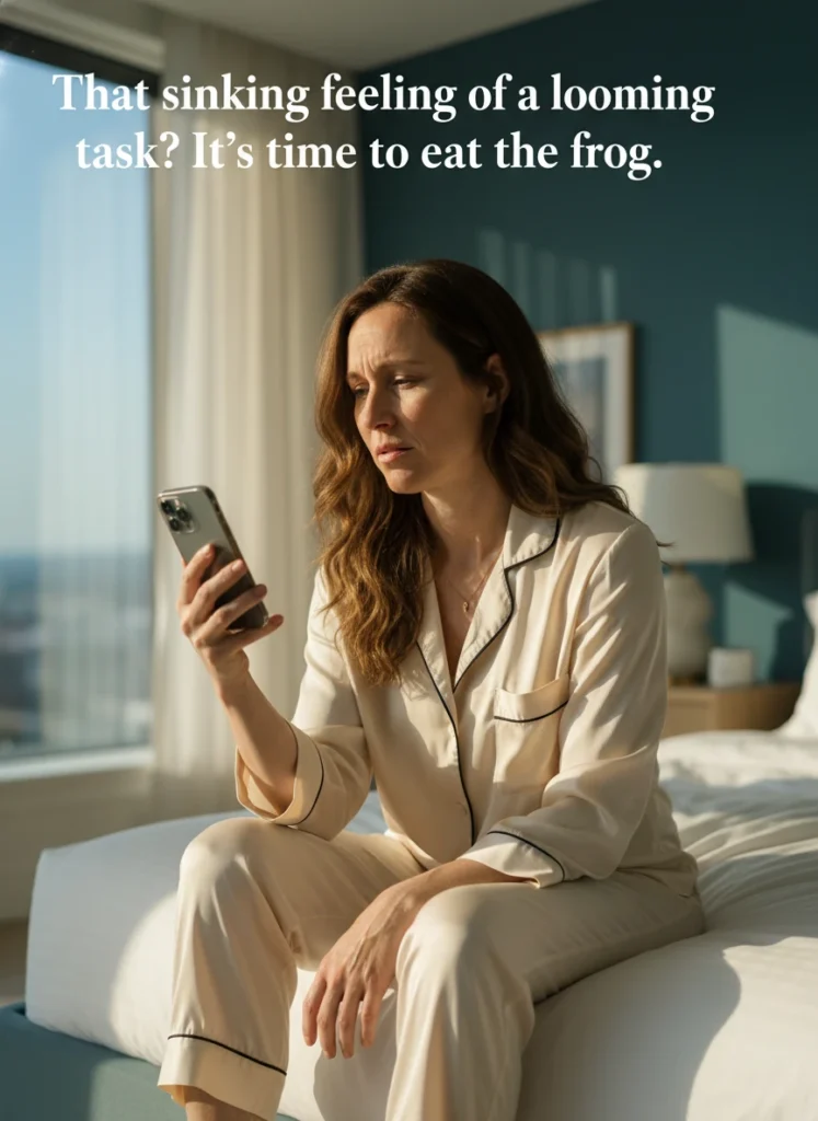 a-woman-feeling-the-weight-of-procrastination-befo-2p0w4b.webp A woman feeling the weight of procrastination before starting Eat the Frog productivity.