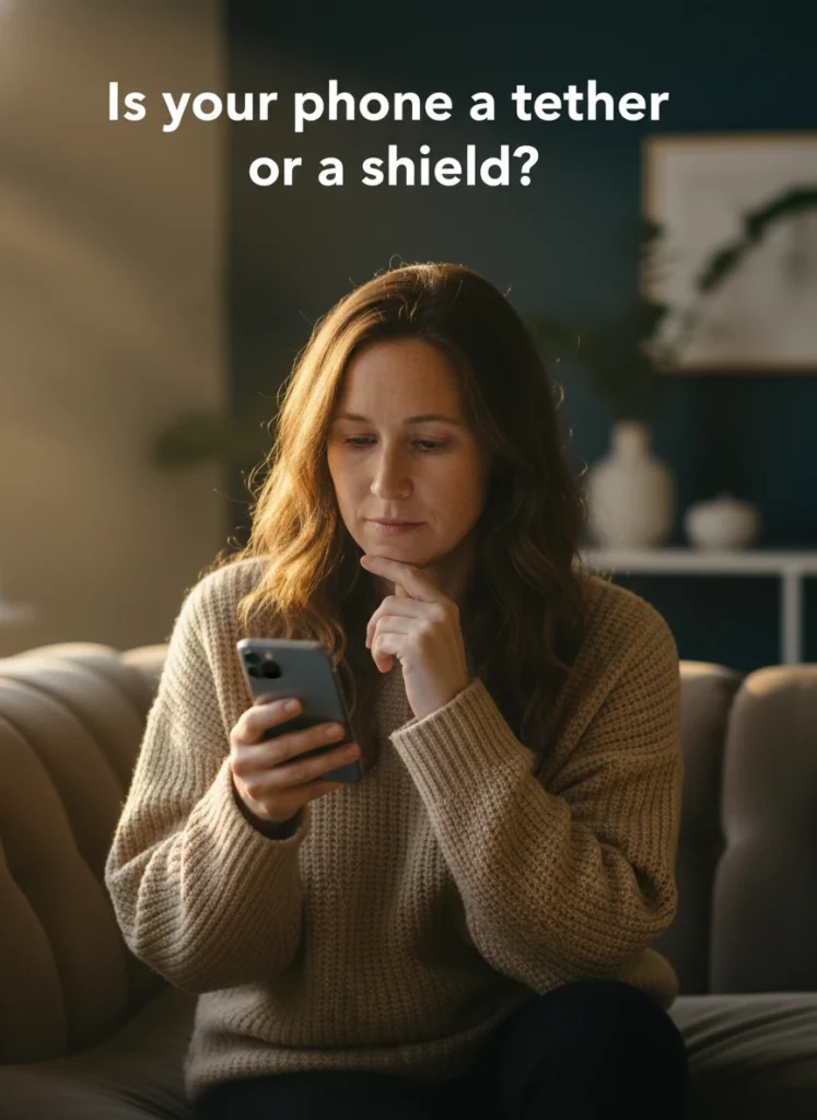 a-woman-reflecting-on-solitude-vs-loneliness-while-q58rls.webp A woman reflecting on solitude vs loneliness while using her phone.