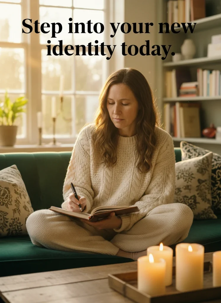 A woman practicing future self journaling in a cozy home environment.