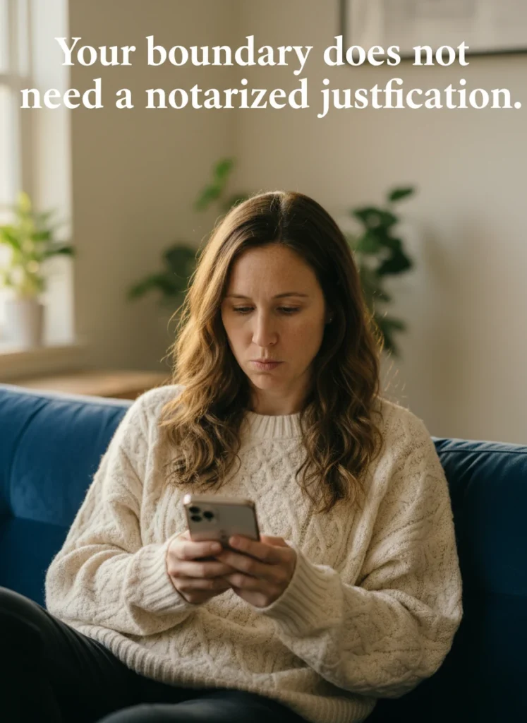 The character in the reference image practicing saying no without explaining yourself to a draining text message.