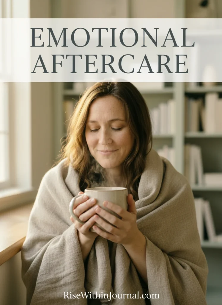 Woman relaxing with tea and a blanket after an emotional journaling session.