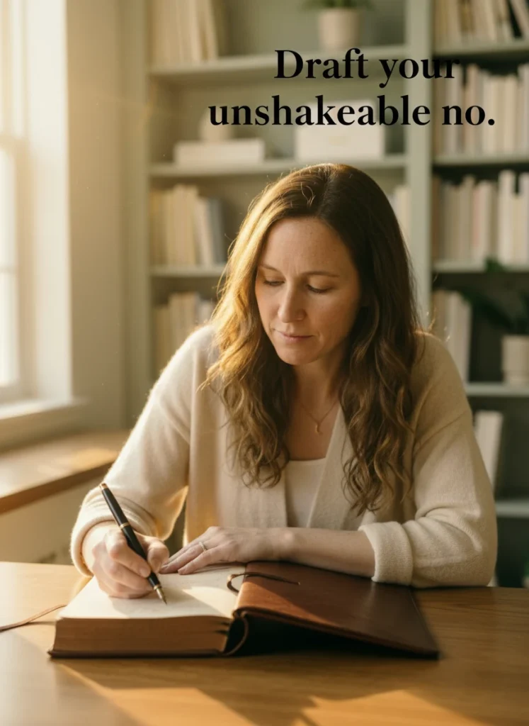 The character in the reference image journaling about saying no without explaining yourself.