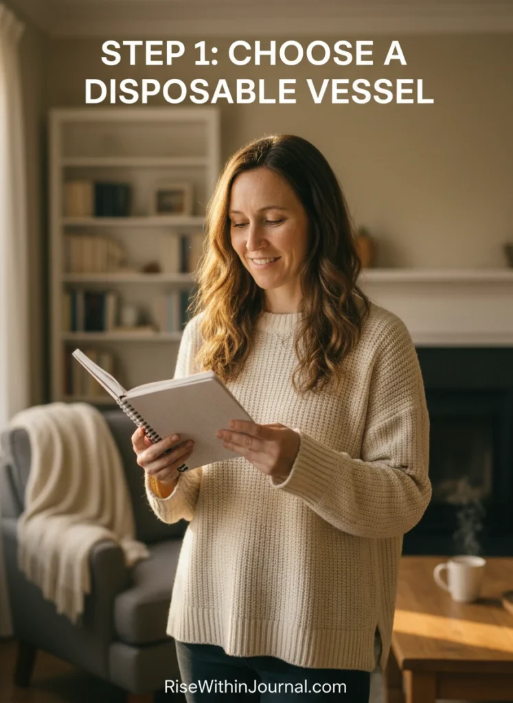 Woman holding a simple notebook intended for the burn book technique.