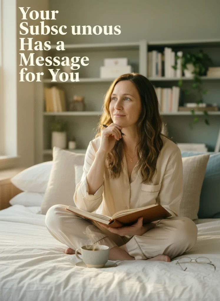 A woman starting her morning dream journaling session to capture her subconscious thoughts.