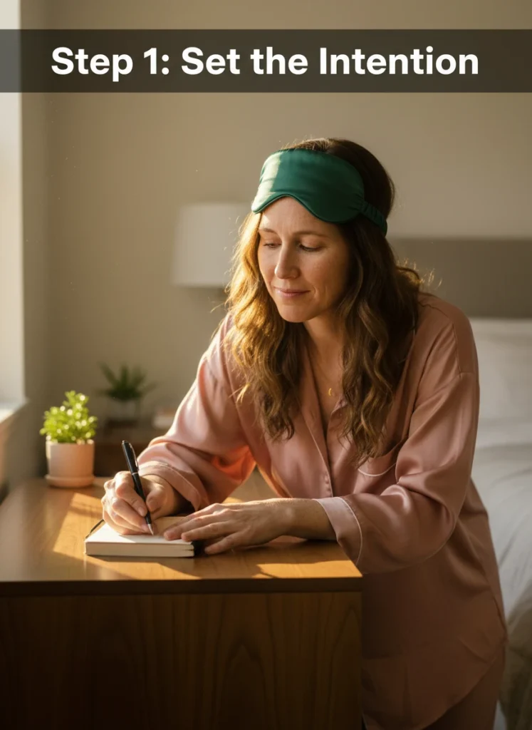 Setting a mental intention for successful dream journaling before going to sleep.