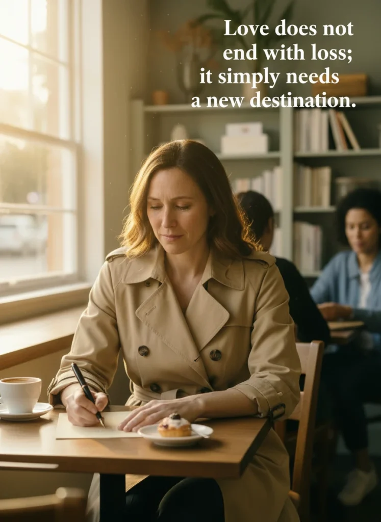 Writing an unsent letter while journaling through grief at a cafe.