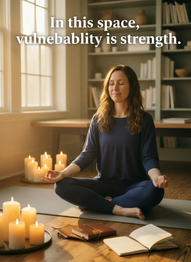 Woman in a zen space practicing journaling because vulnerability is confidence.