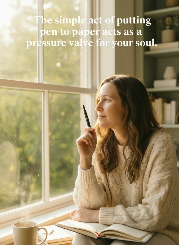 Woman in cozy knitwear practicing journaling through grief in a window nook.